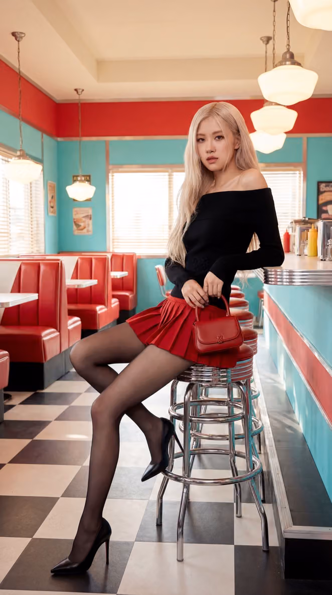 Rosé in a Retro Diner: Full-Body Fashion Photograph