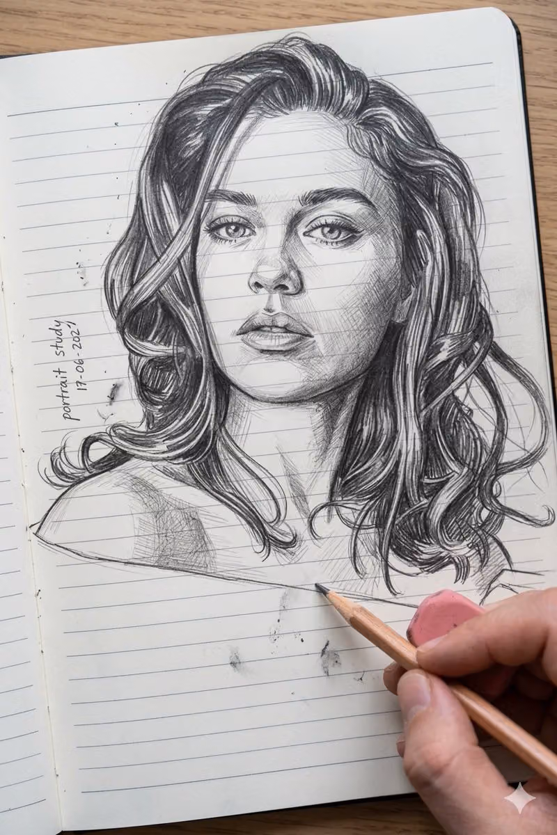 Pencil Sketch of a Face on a Notebook Page