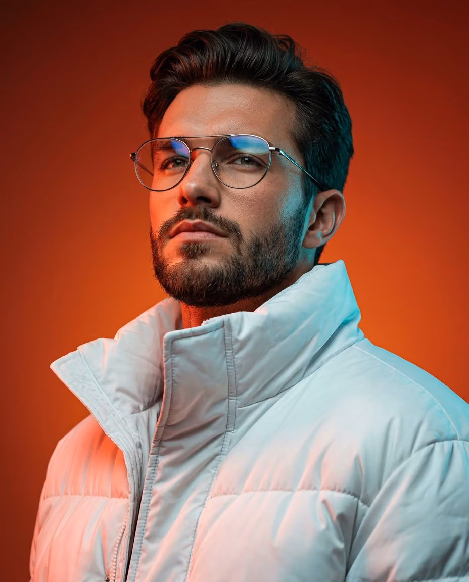 Cinematic Portrait of Man in Futuristic Puffer Jacket