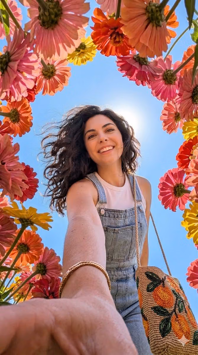 Smiling Woman in Flower Canopy, Smartphone Photo Style