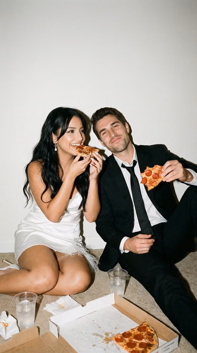 Flash Editorial After-Party Portrait of Couple Eating Pizza