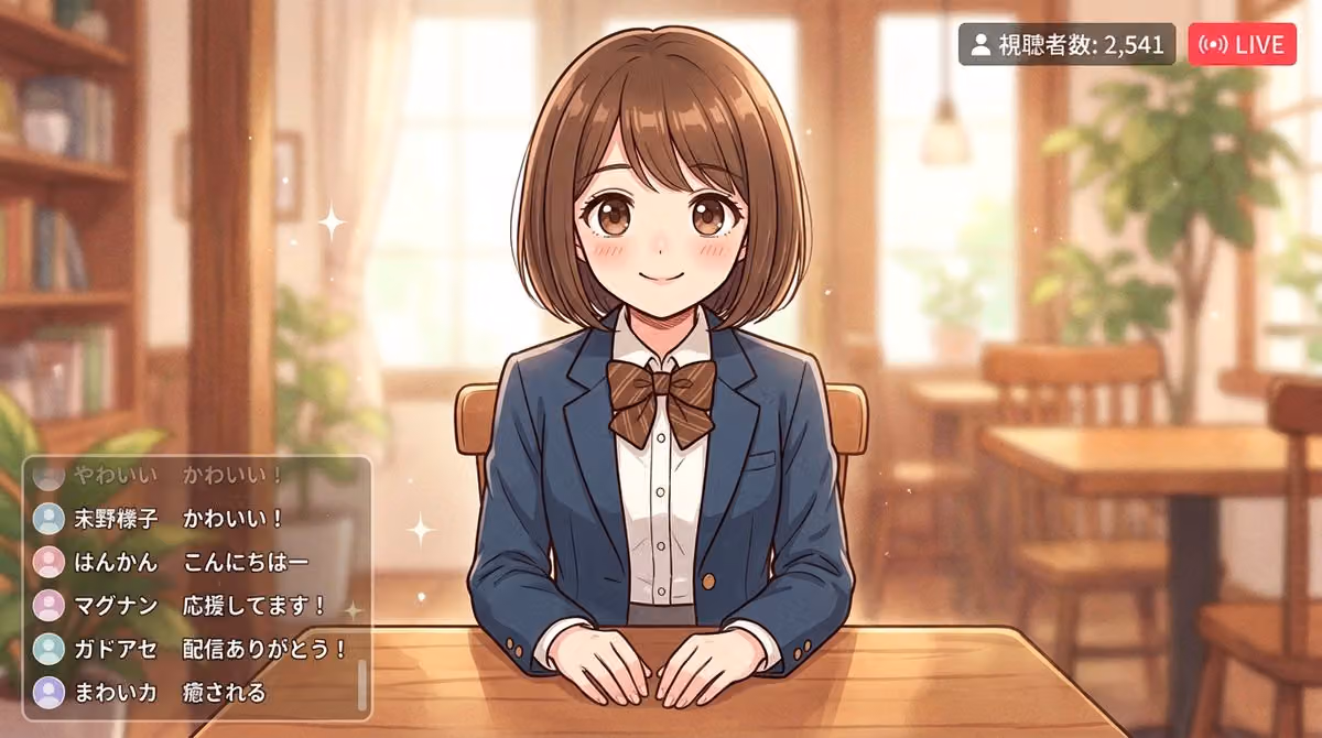 Cute Anime Girl in Cafe with Streaming UI