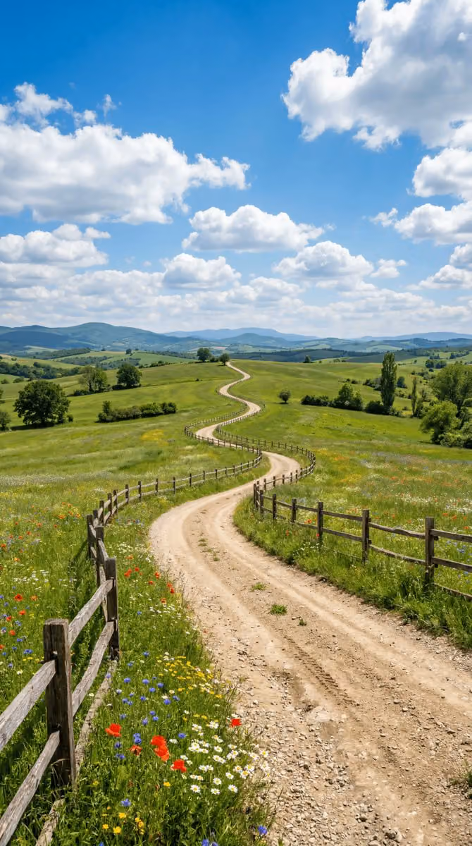 Sun-Baked Dirt Road Through Lush Green Pastures