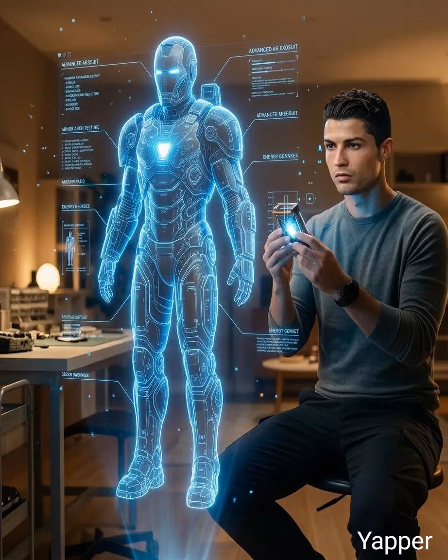 Futuristic Engineer with Holographic Exosuit