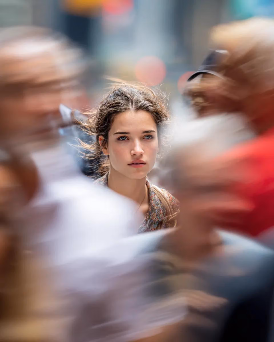 Model on Busy New York Street, Motion Blur