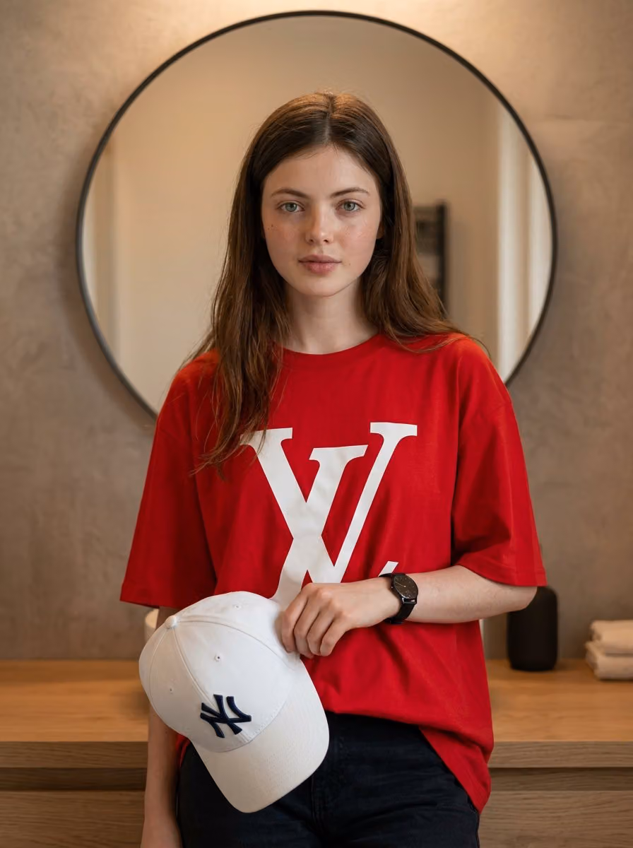Stylish Man in Modern Bathroom, LV Tee, NY Cap