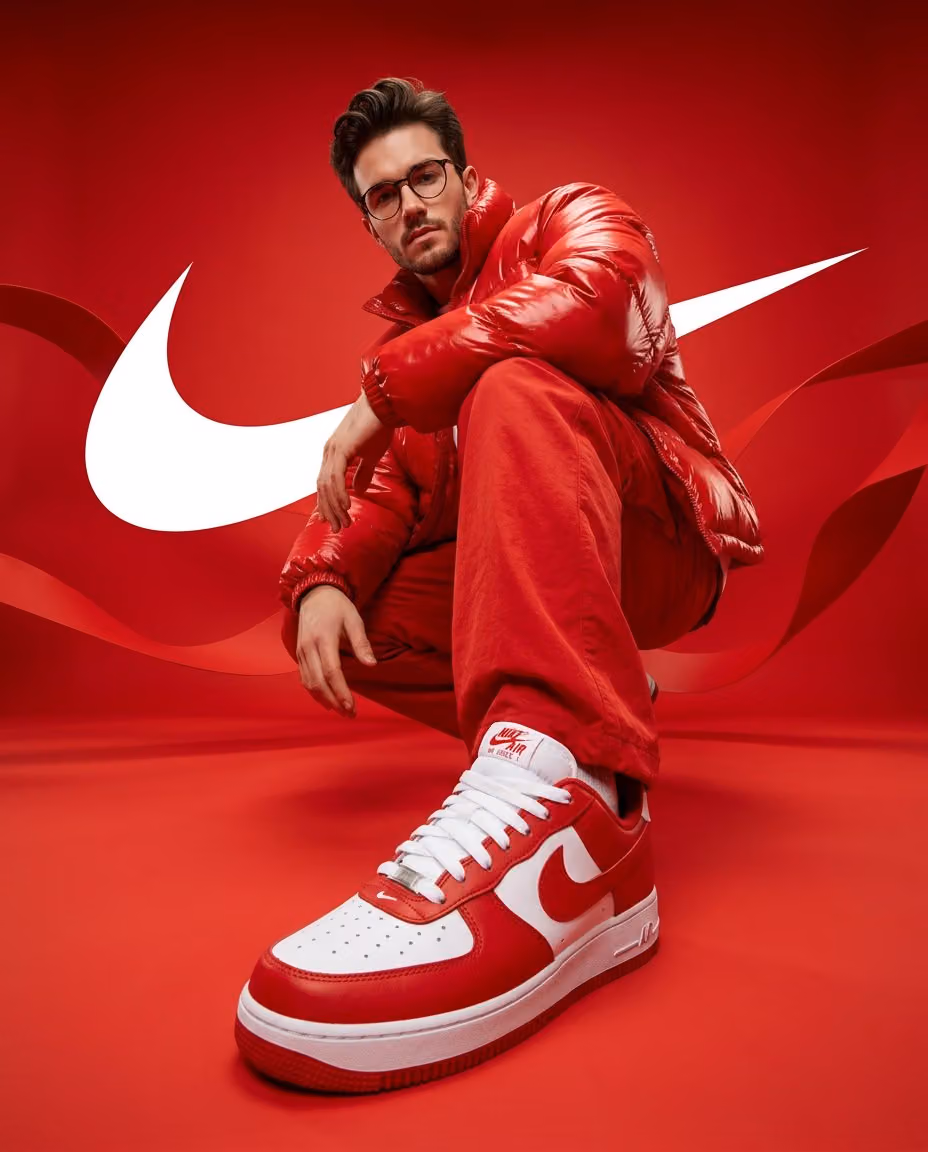 Man in Red Puffer Jacket, Streetwear Campaign Style