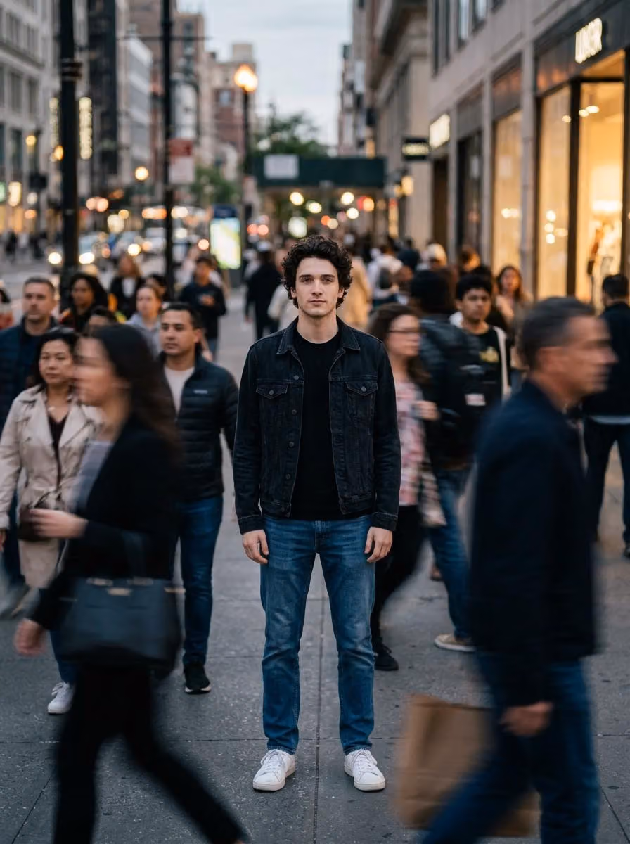 Calm in Chaos: Focused Portrait in a Busy City