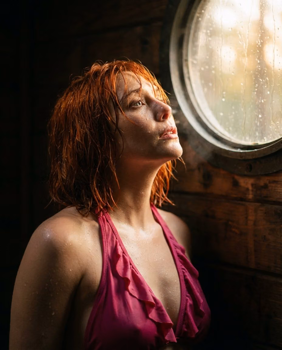 Cinematic Portrait of Woman in Wooden Cabin