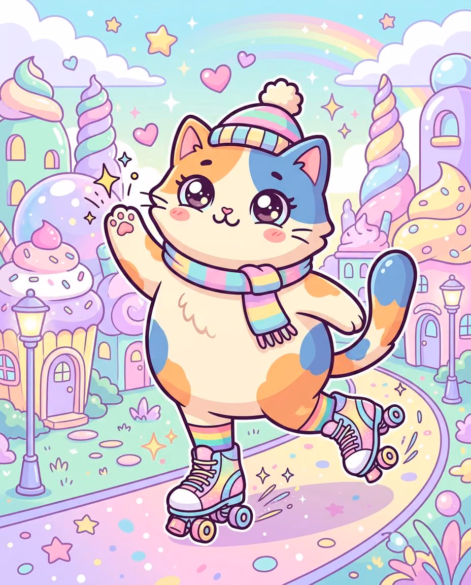 Roller Skating Cat in Pop Surreal Kawaii Style
