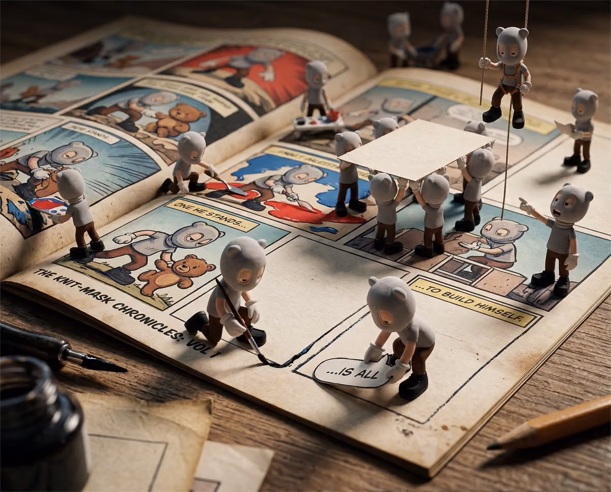 Miniature Characters Building a Comic Book Scene