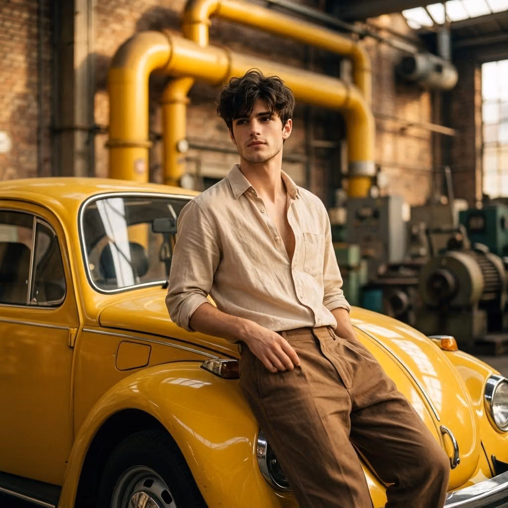 Man in beige shirt leaning on vintage car