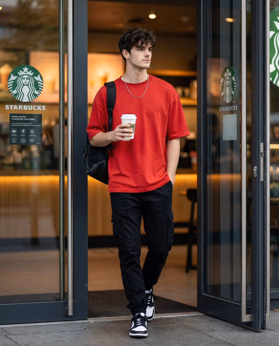 Urban Cafe Walk: Full-Body Portrait with Coffee
