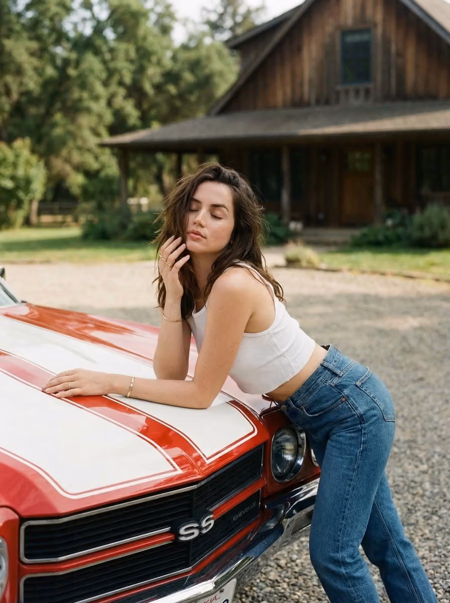 Woman Leaning on Vintage Car, Cinematic Portrait