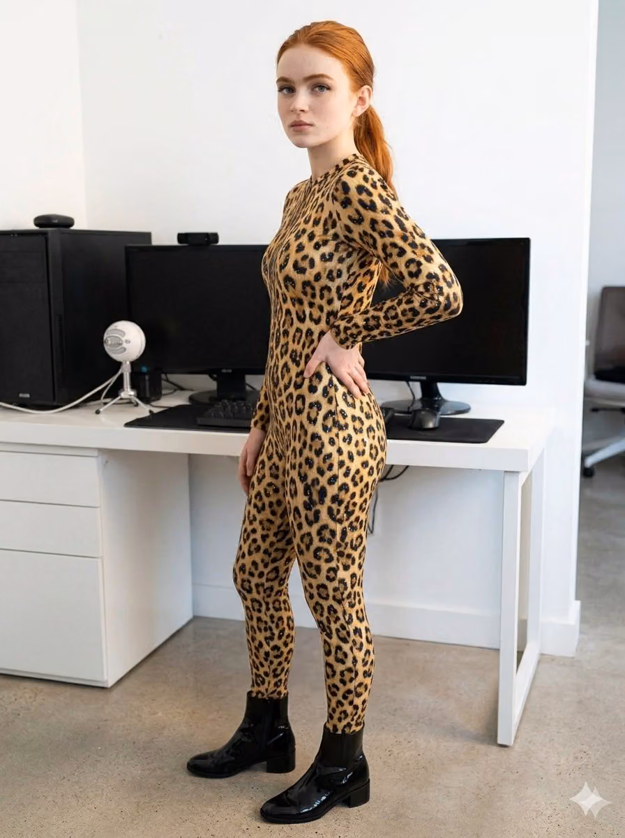 Young Woman in Leopard Print Top, Home Office Setting