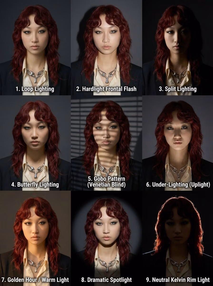 9-Panel Portrait Grid with Varied Lighting