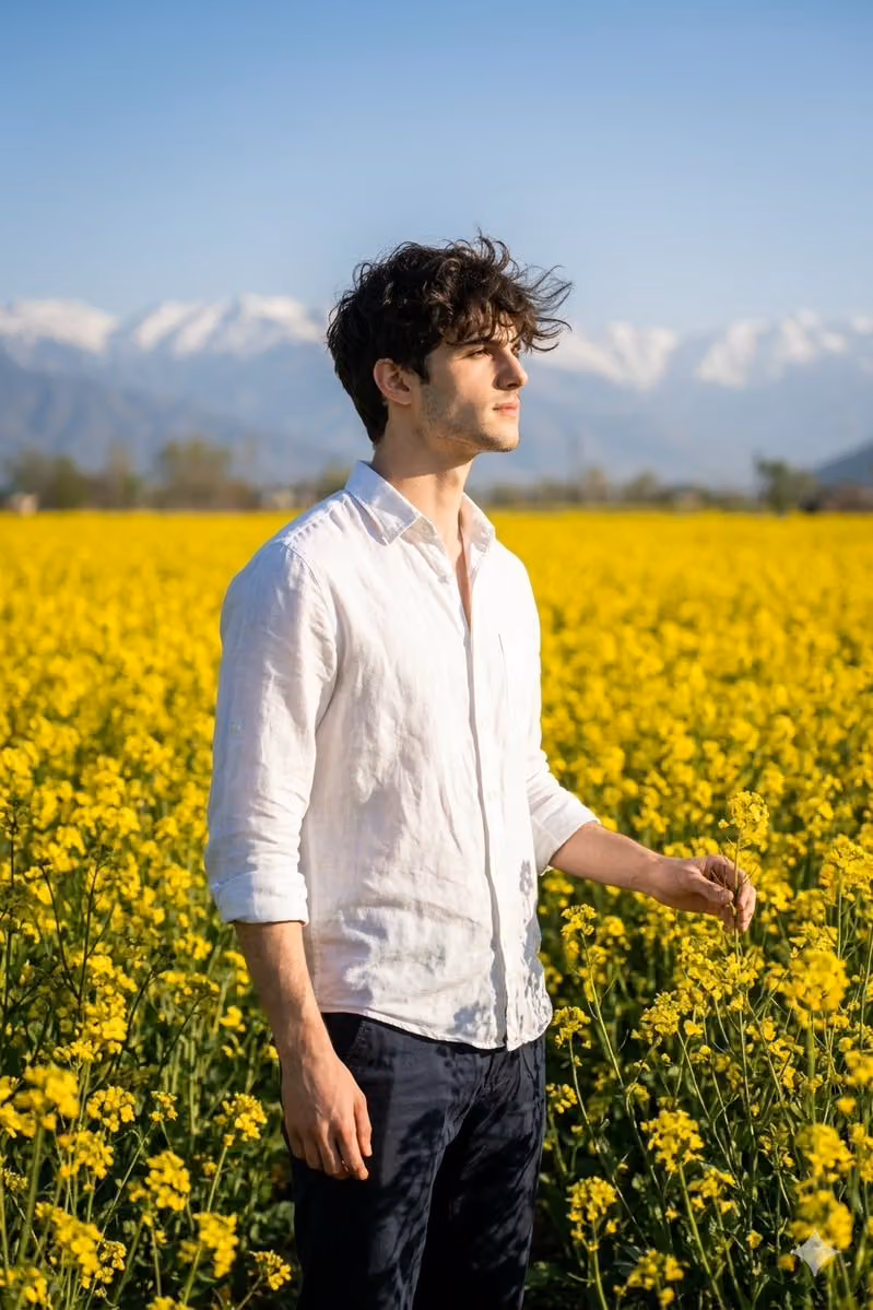 Young Man in Kashmir Mustard Field, Cinematic Portrait
