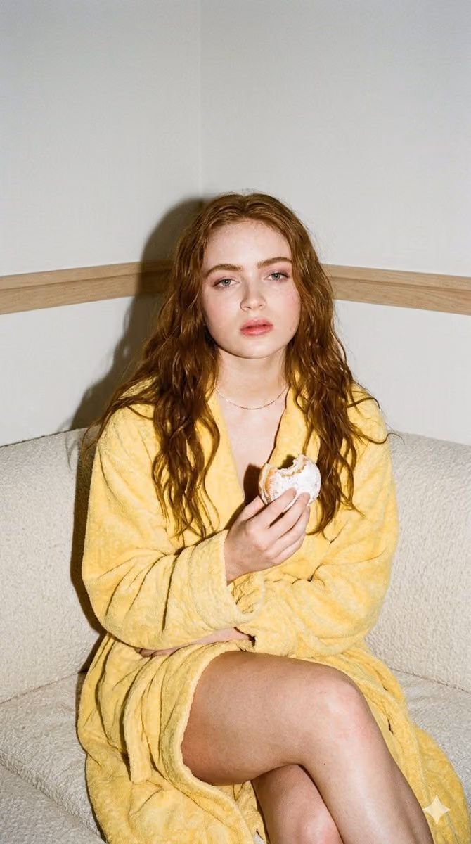 Woman in Yellow Robe with Donut, 35mm Film Aesthetic