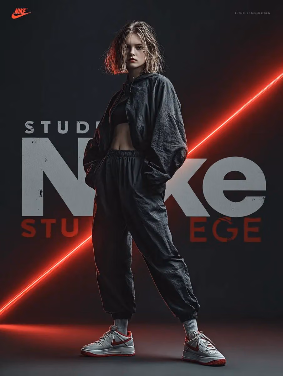 Dynamic Nike Fashion Ad with Light Trails and Glitch Text
