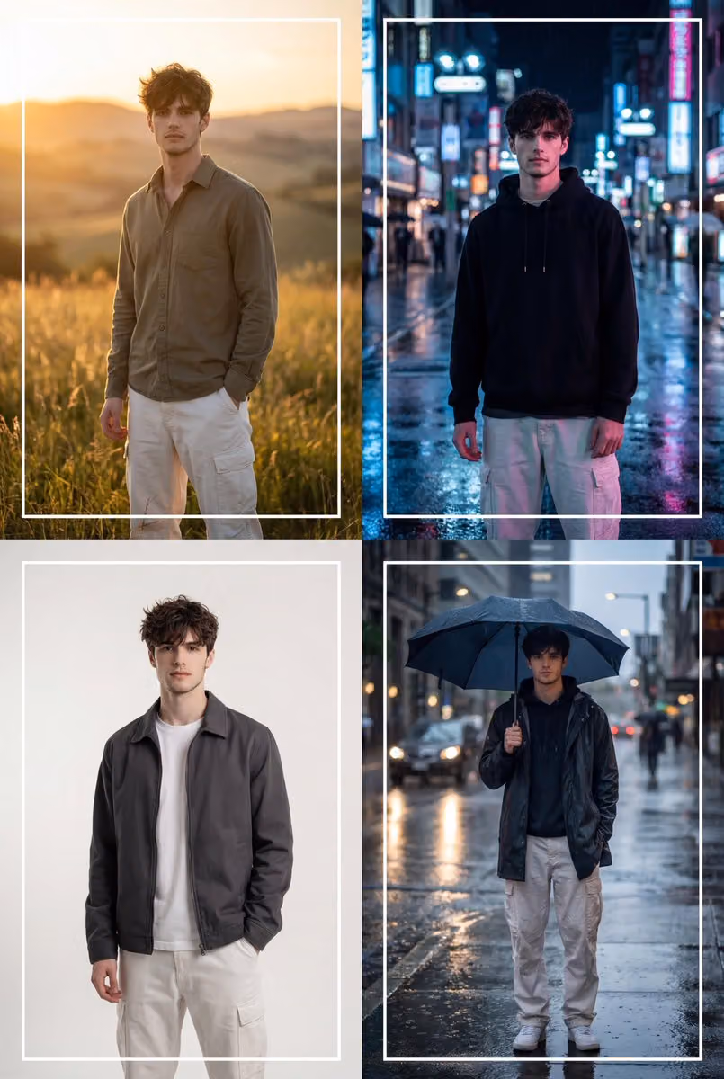 Cinematic 2x2 Grid Portrait: Environments and Moods