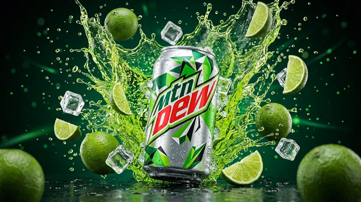 Mountain Dew Can with Neon Green Liquid Burst