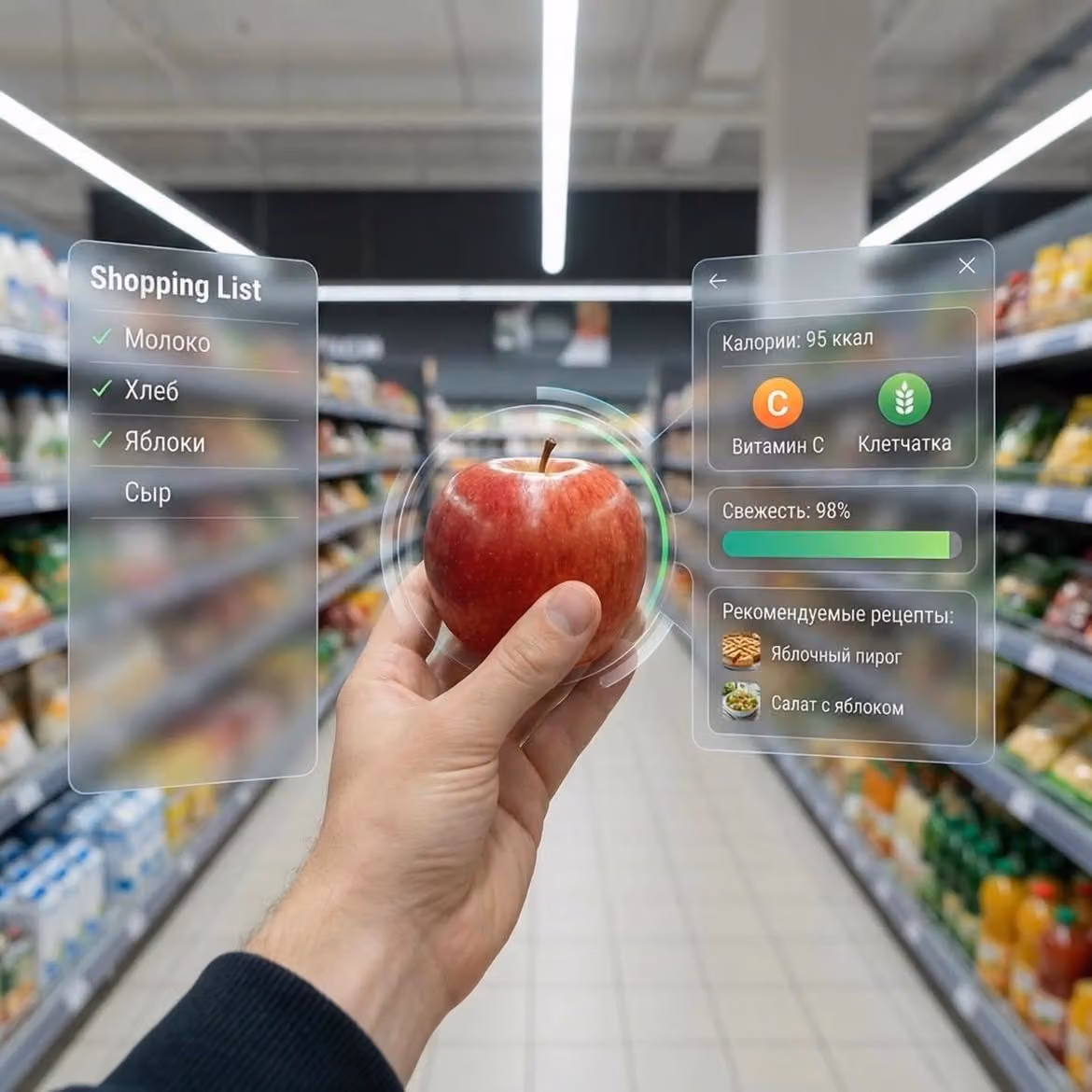 Dessert (AR shopping UI)
POV shot inside a modern supermark