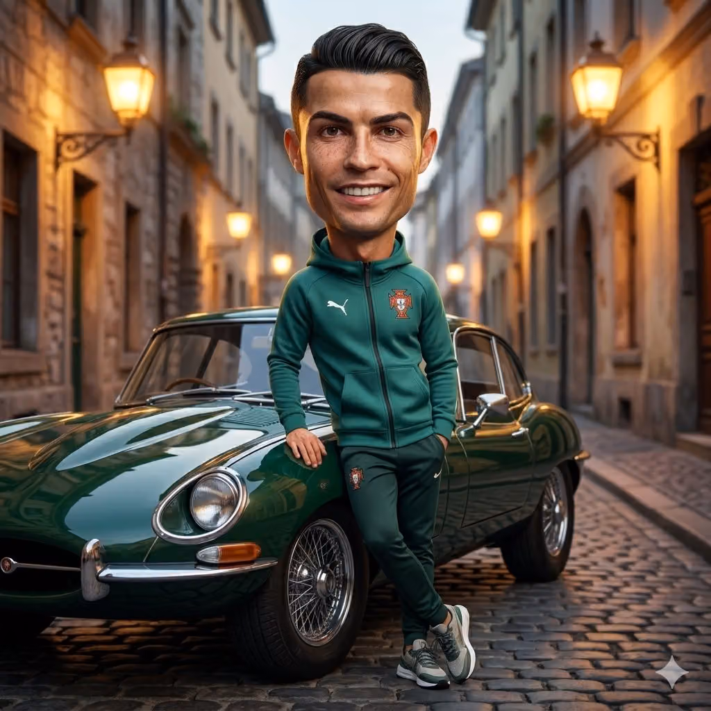 Caricature with Vintage Car on Cobblestone Street