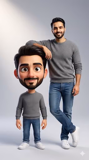 Full-body shot of a person with their caricature