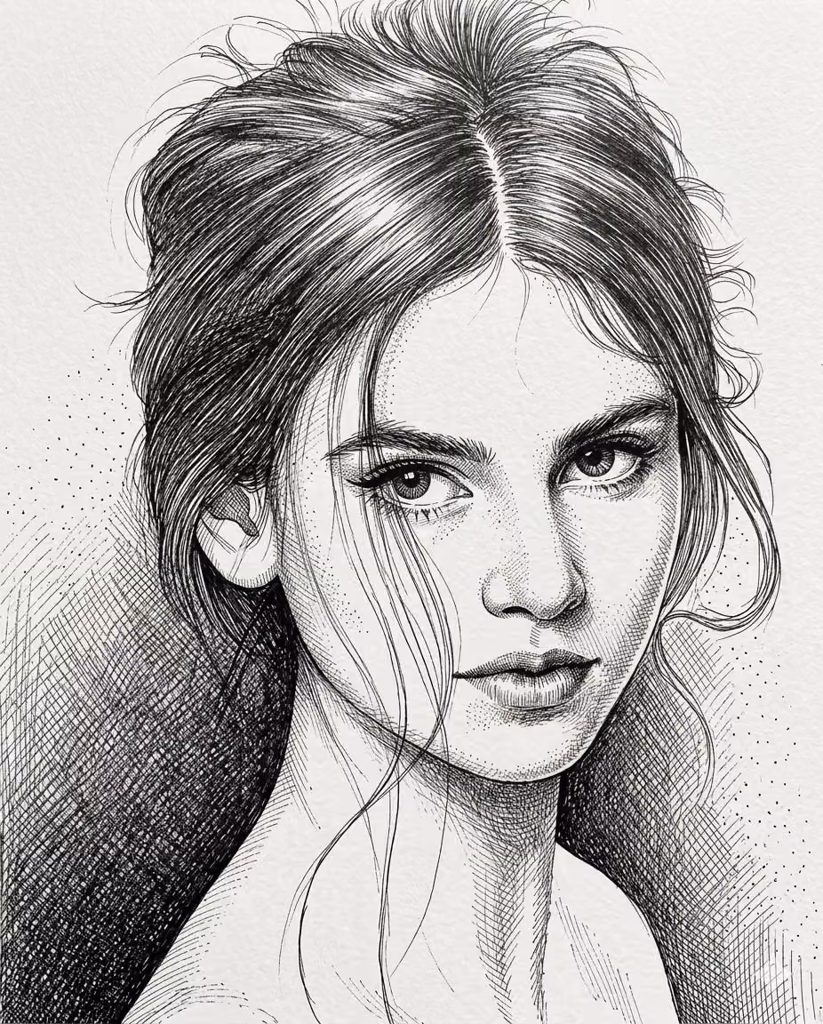 High-Contrast Pen and Ink Portrait of a Young Woman