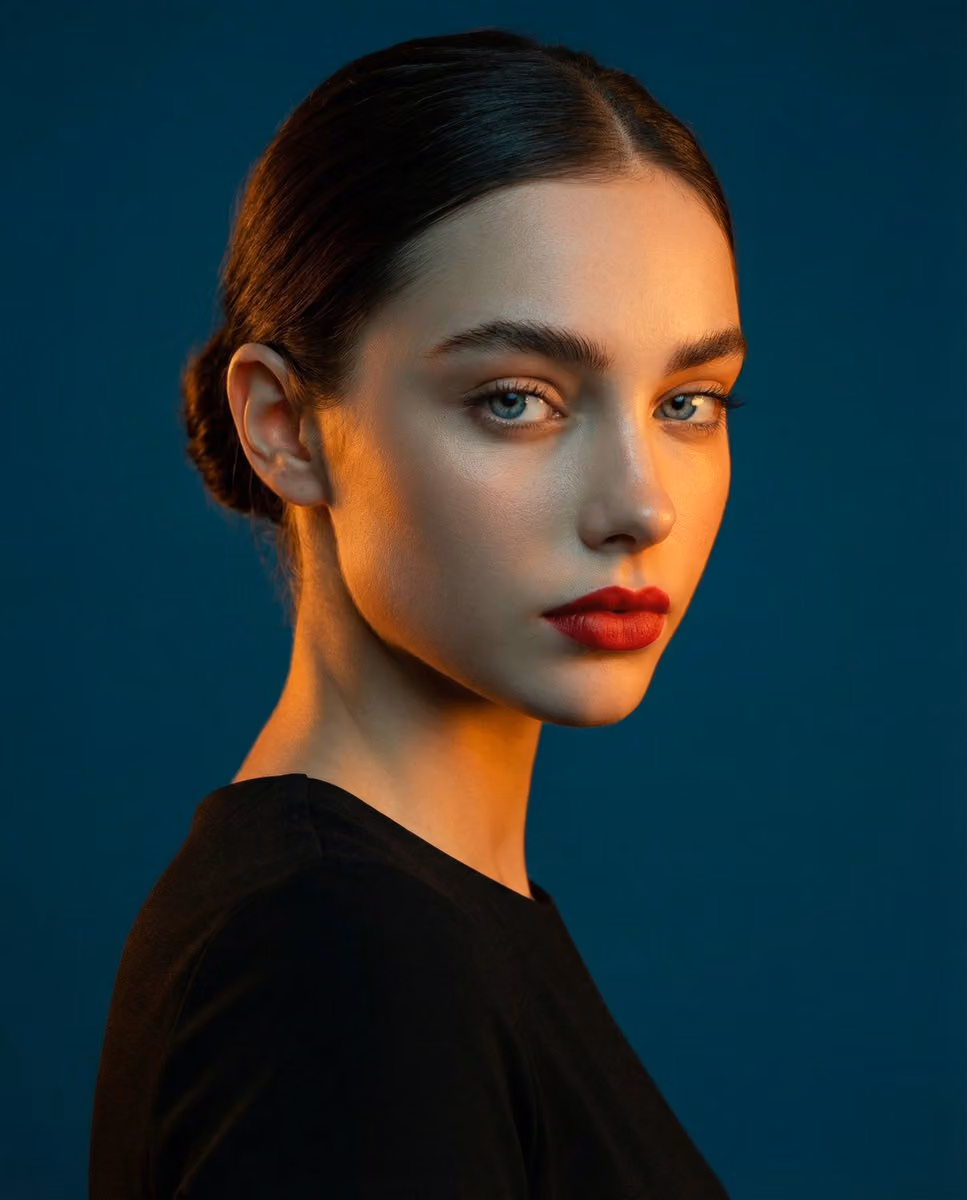 High-Contrast Studio Portrait with Warm and Cool Tones
