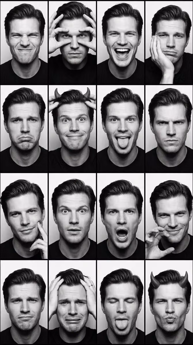 Black and White Photobooth Expression Grid 4x4