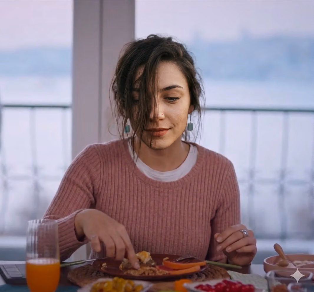 Woman Eating Breakfast on Balcony, Misty Coastline