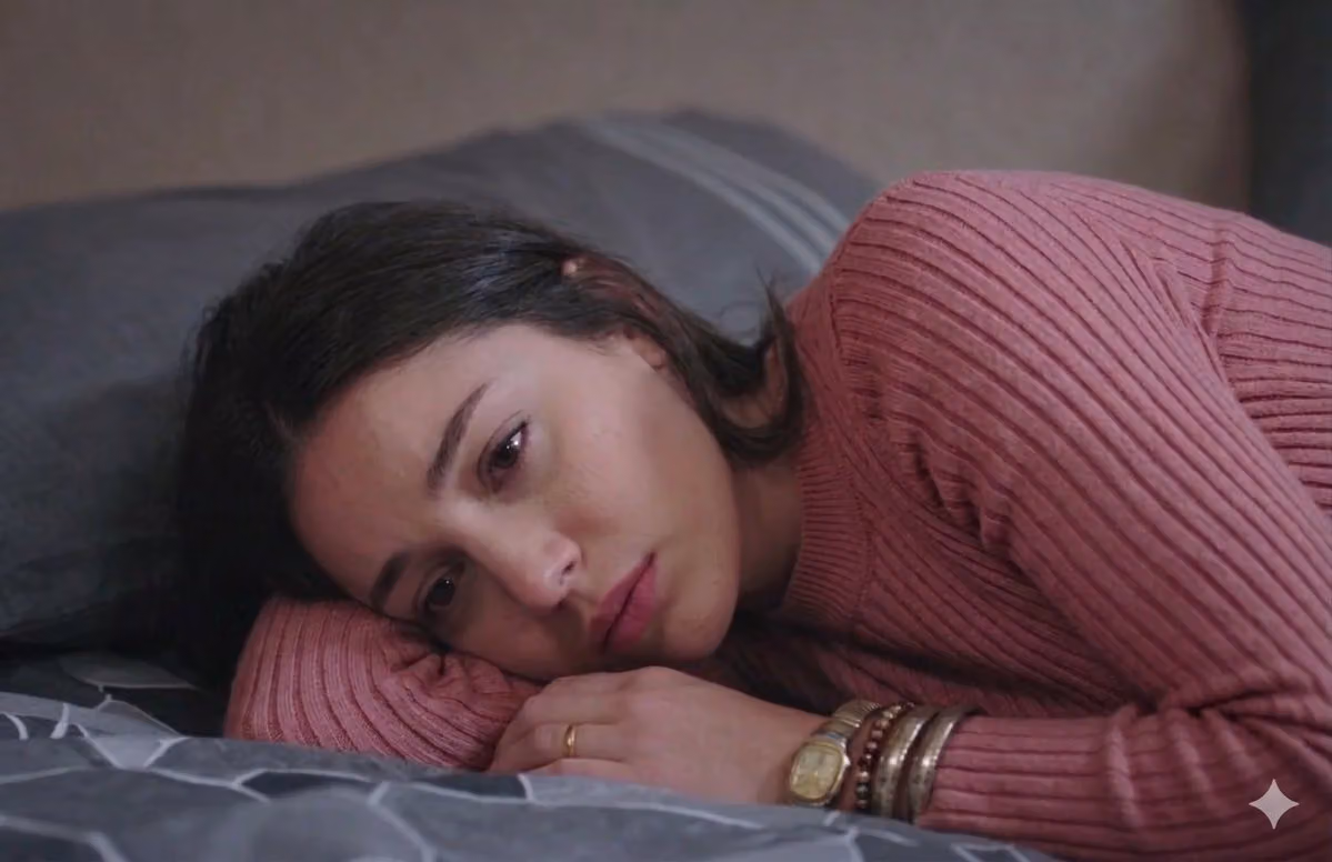 Somber Woman in Pink Turtleneck on Bed