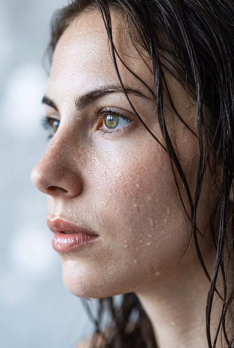 Extreme Wet Close-Up Portrait of Young Woman