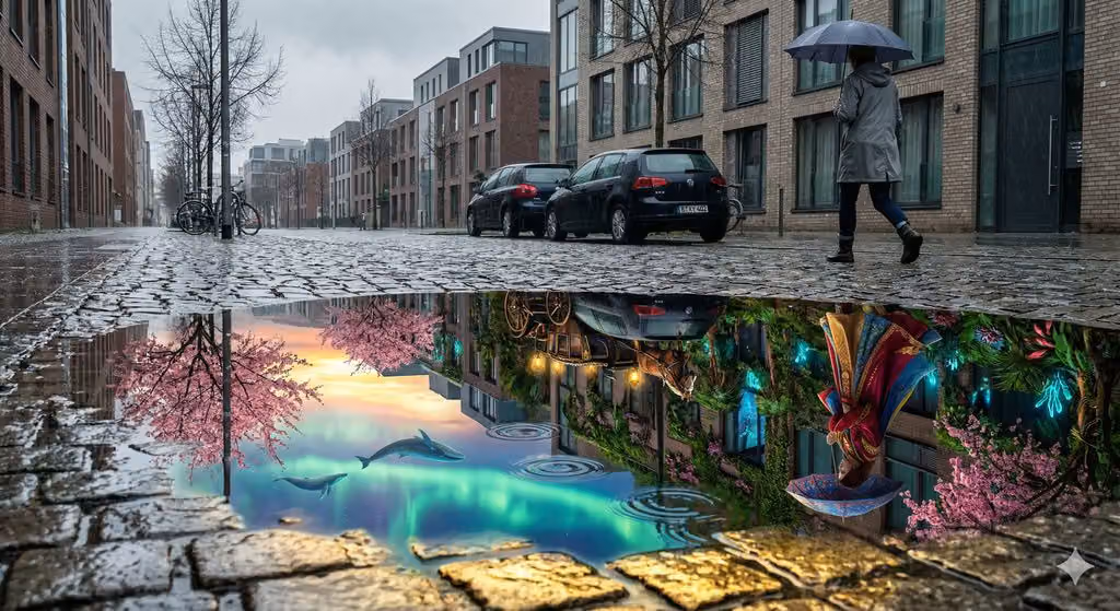 Street Puddle Reflects Parallel Fantasy World