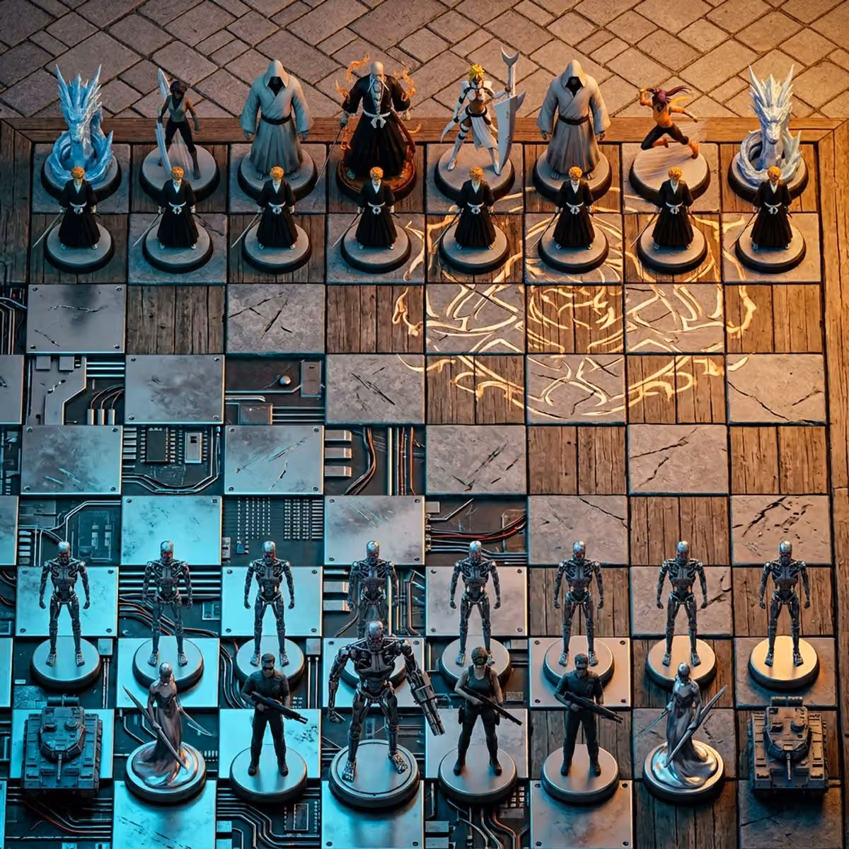 Hyper-realistic Isometric 3D Chess Set with Rival Factions