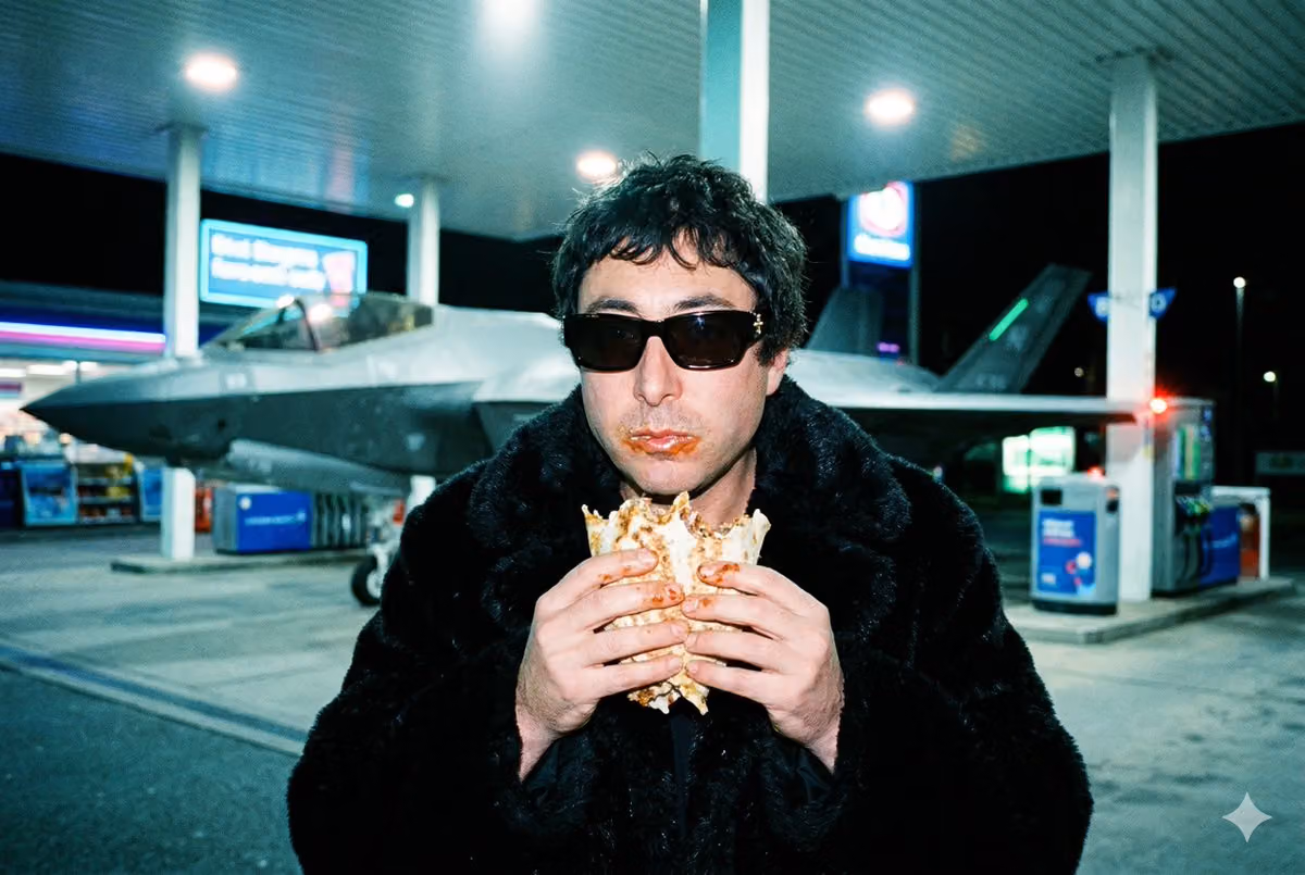 Man Eating Kebab at Gas Station with F-35 Jet