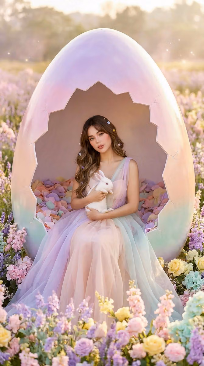Dreamy Easter Egg Portrait with Pastel Flowers