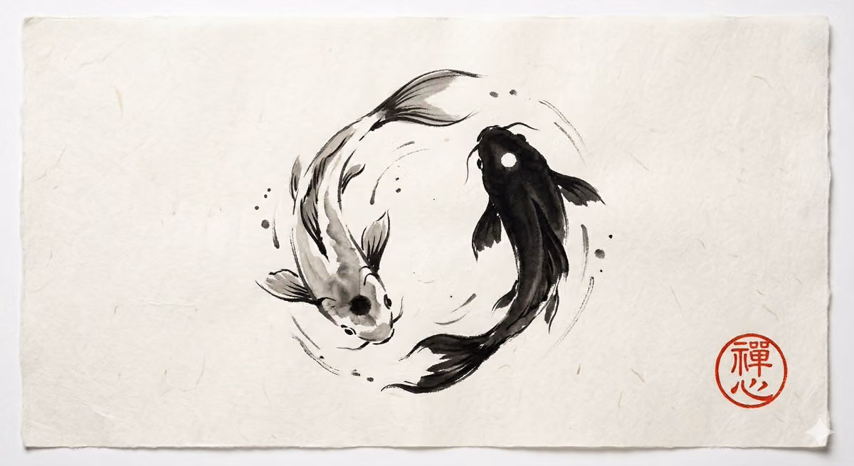 Yin and Yang Koi Fish Sumi-e Ink Painting