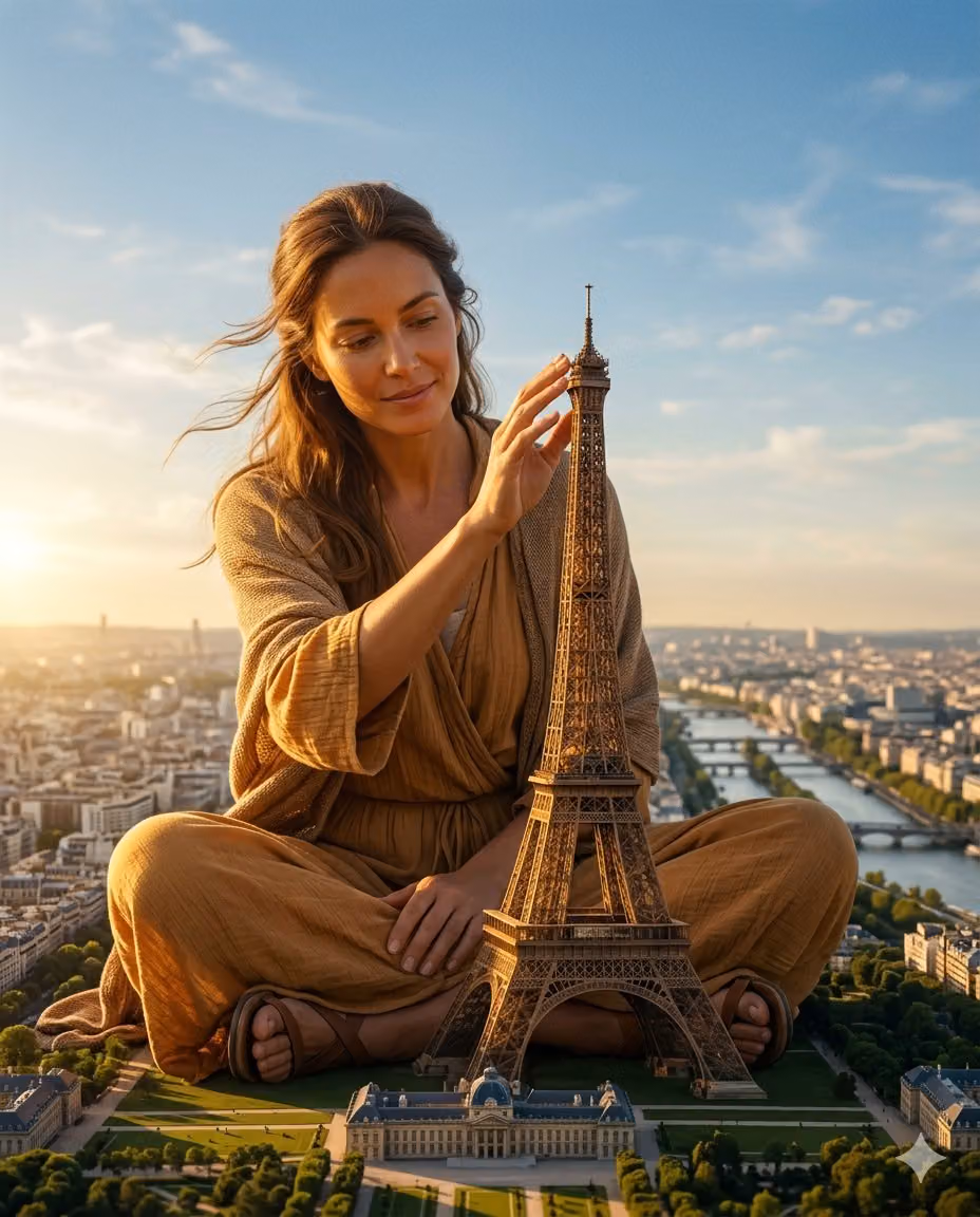 Giant Woman Caressing Eiffel Tower at Golden Hour