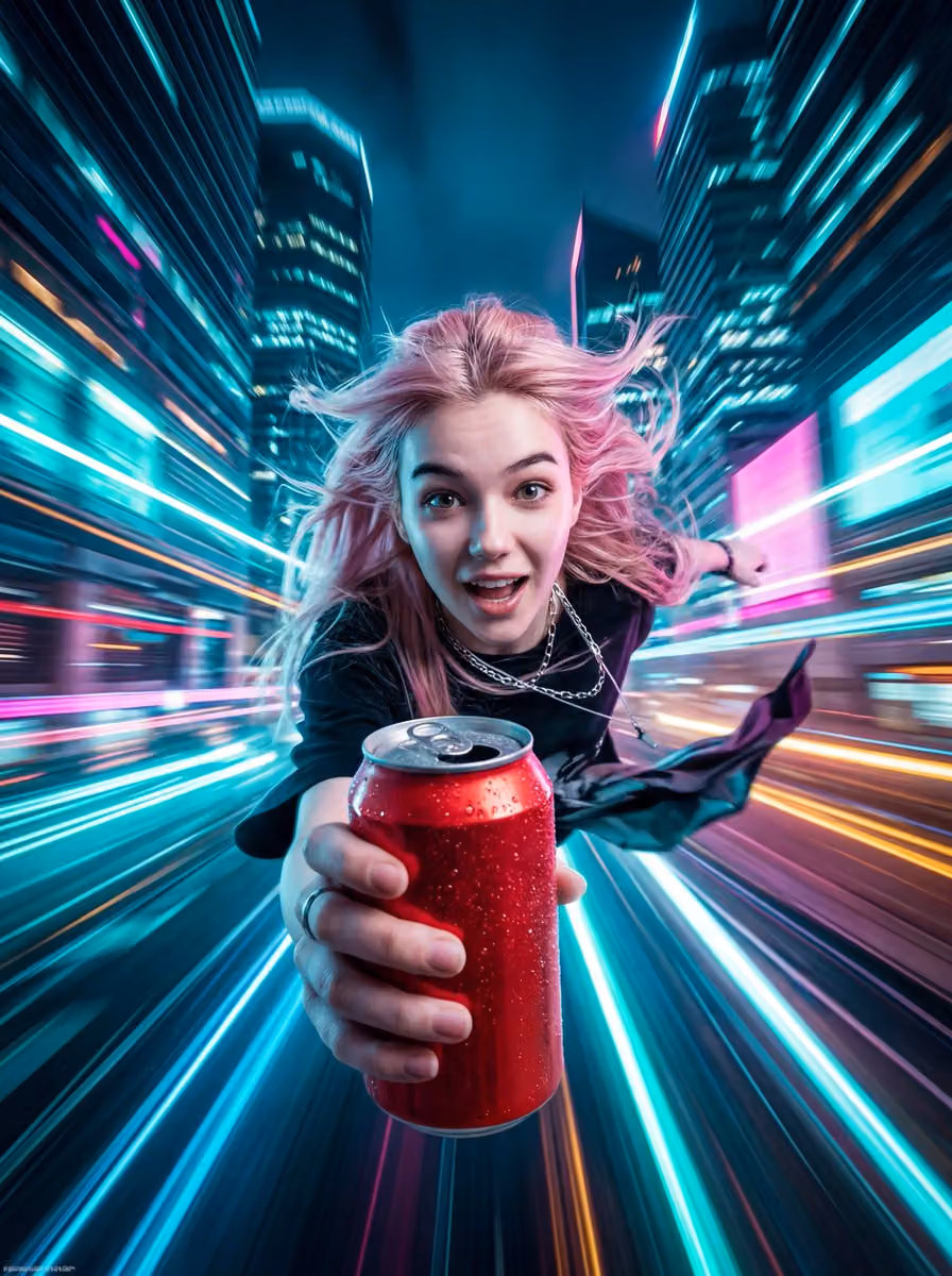 Neon City Chase with Flying Girl and Soda Can
