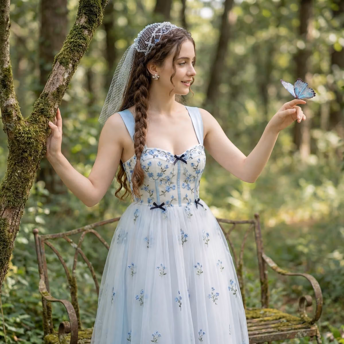 Ethereal Cottagecore Portrait with Glowing Butterfly