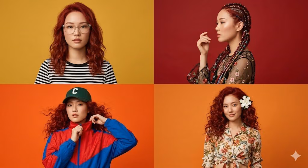 Four-Panel Fashion Collage with Red-Haired Woman