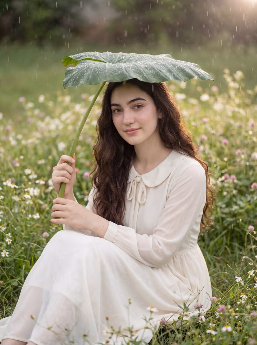 Woman in Garden with Taro Leaf Umbrella