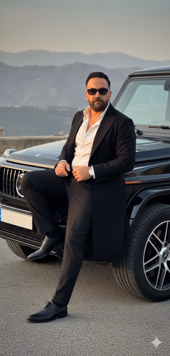 Man with Mercedes G-Wagon in Cinematic Amber Light
