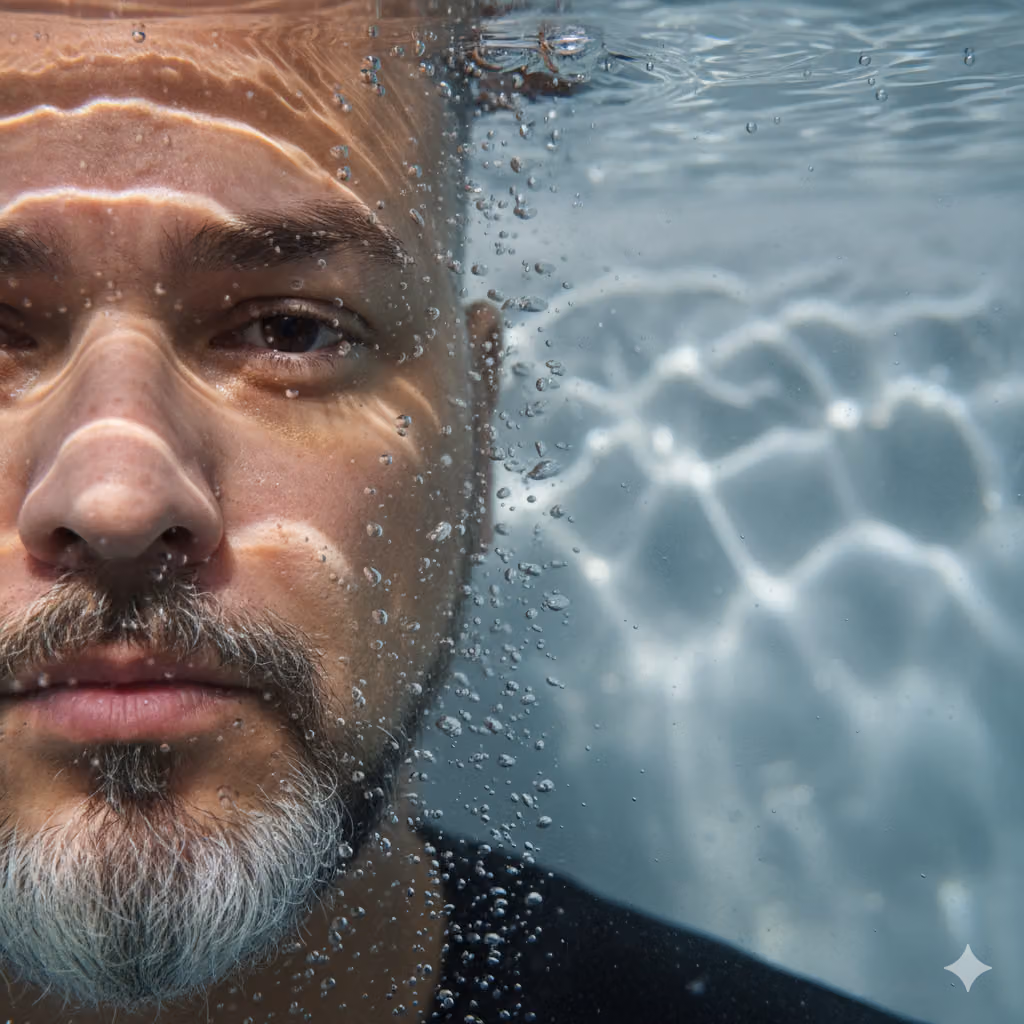 Hyper-realistic underwater portrait, left half of face