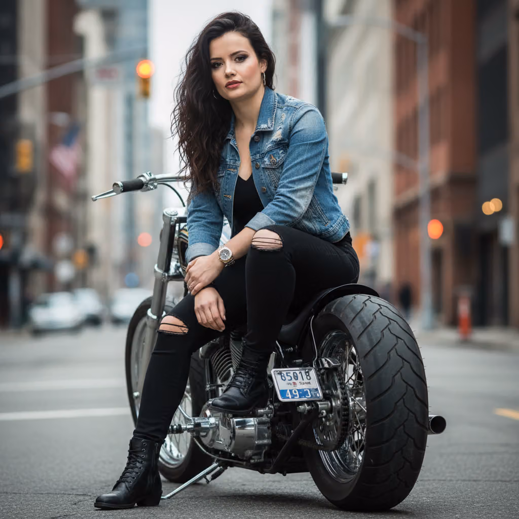 Biker-Chic Woman on Motorcycle Urban Portrait