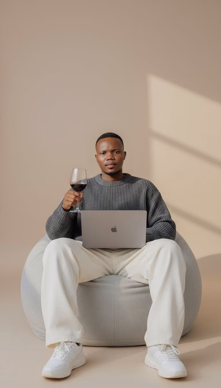 Male Model on Beanbag with MacBook and Wine