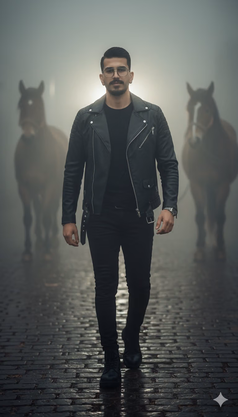 Man in Leather Jacket Walking in Fog with Horses