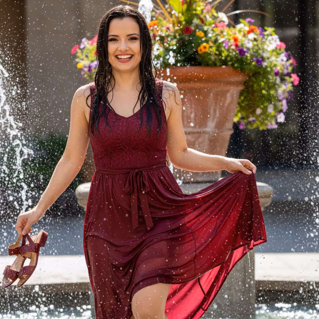 Woman Playing in Outdoor Water Fountain